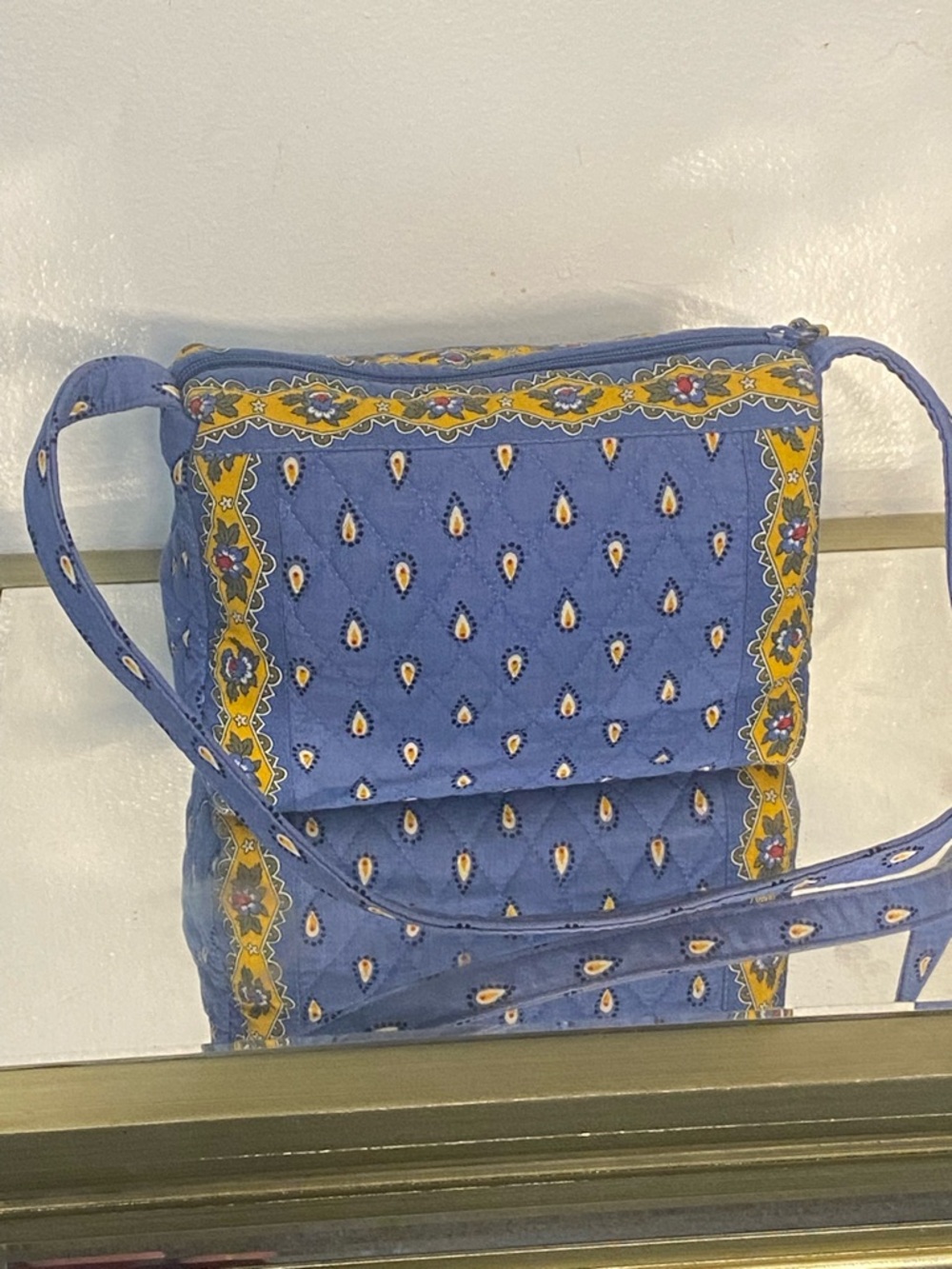 Vera Bradley Quilted Blue Patterned Crossbody Bag with Yellow Trim
